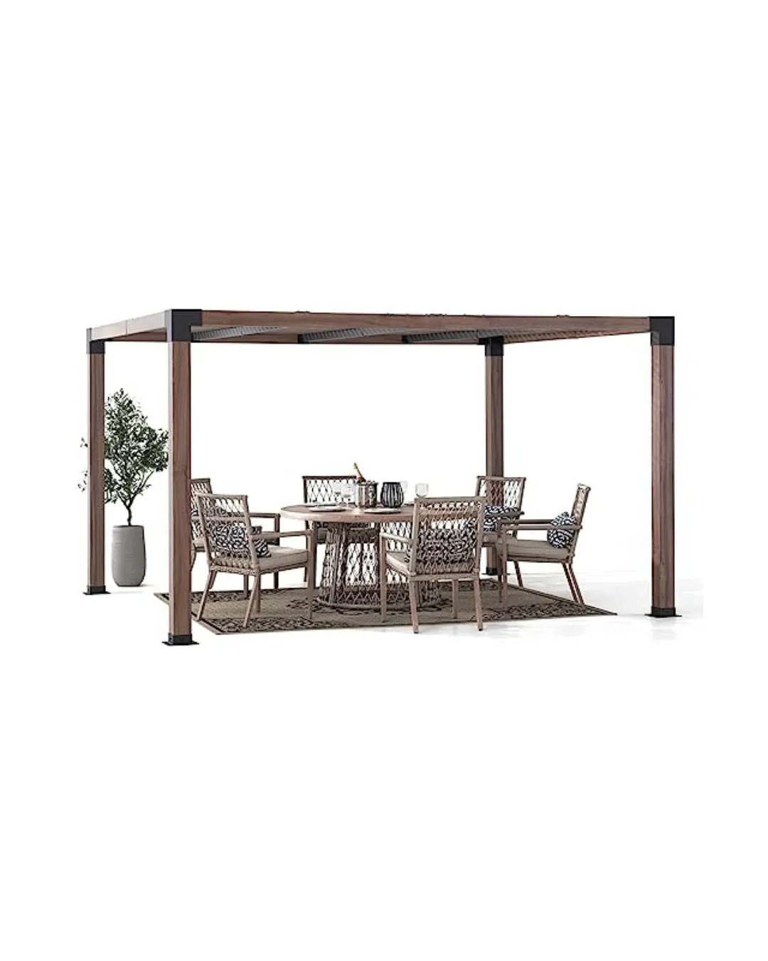 10'x12' Sunjoy Steel Frame Outdoor Pergola w/ Wood Grain Finish