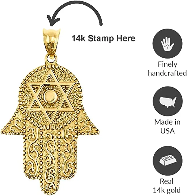 14k Solid Yellow Gold Hamsa Hand Star of David Pendant with Pin Brooch