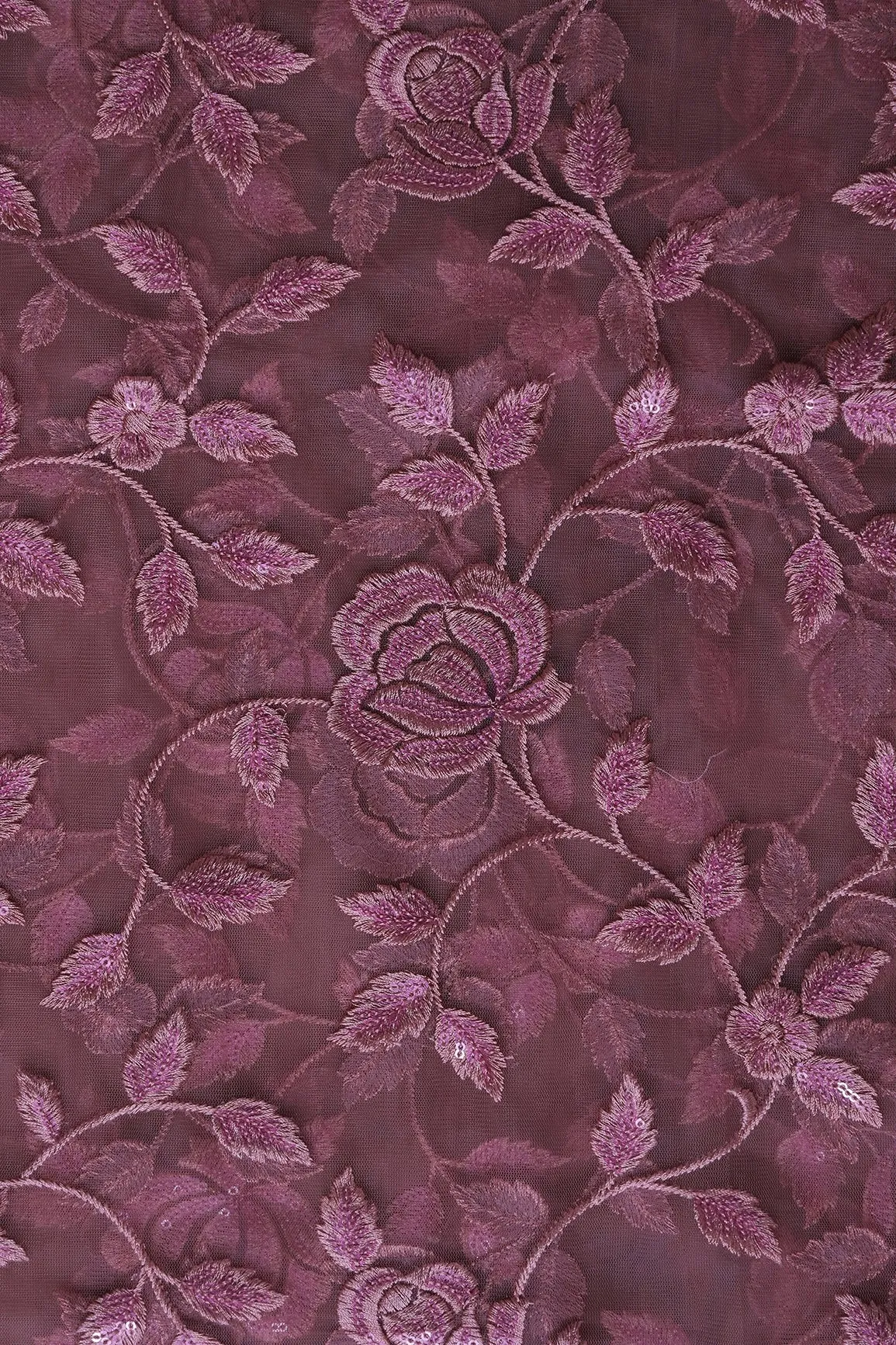 3.50 Meter Cut Piece Of Mauve Thread With Sequins Floral Embroidery On Mauve  Soft Net Fabric