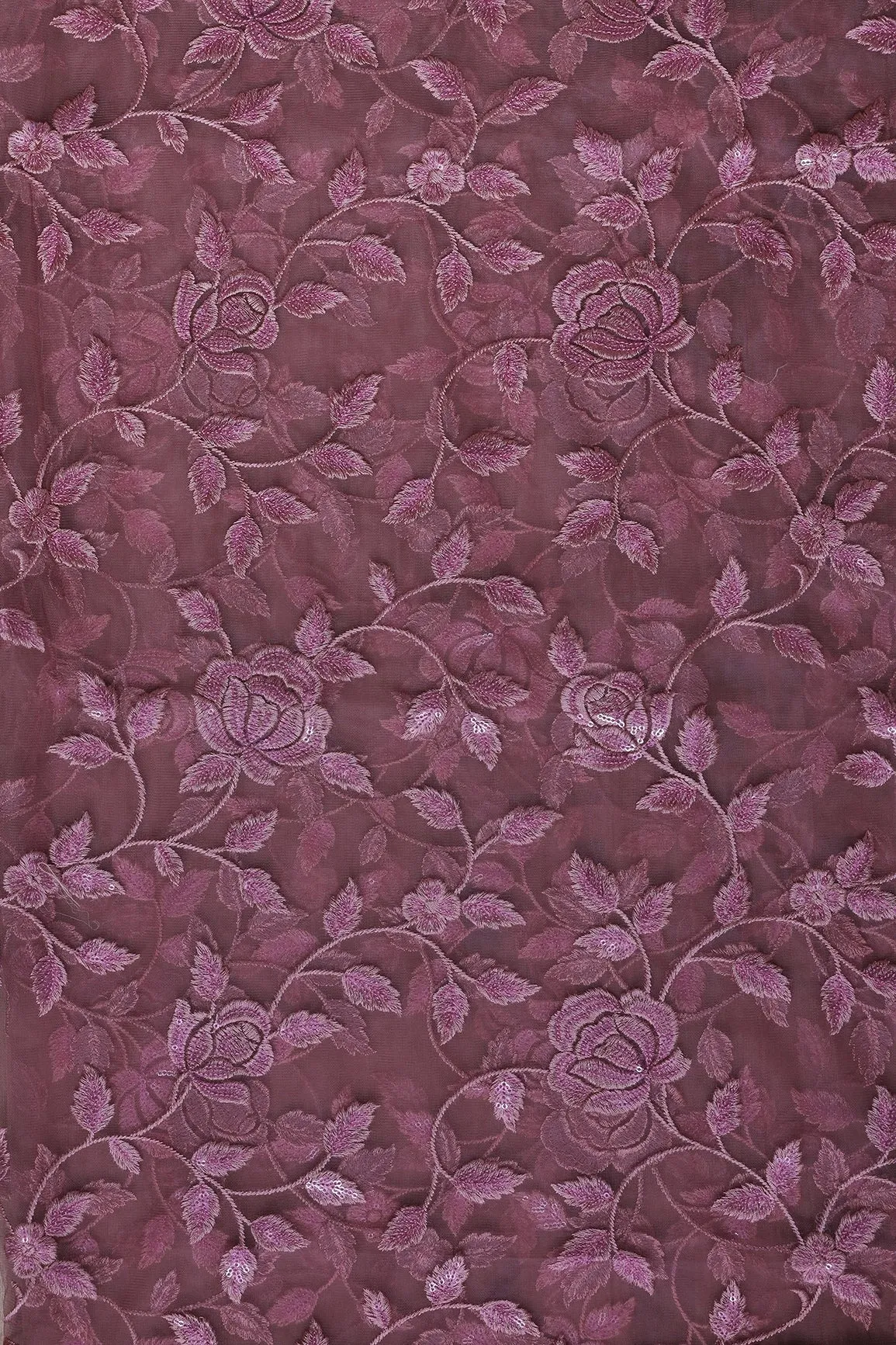 3.50 Meter Cut Piece Of Mauve Thread With Sequins Floral Embroidery On Mauve  Soft Net Fabric