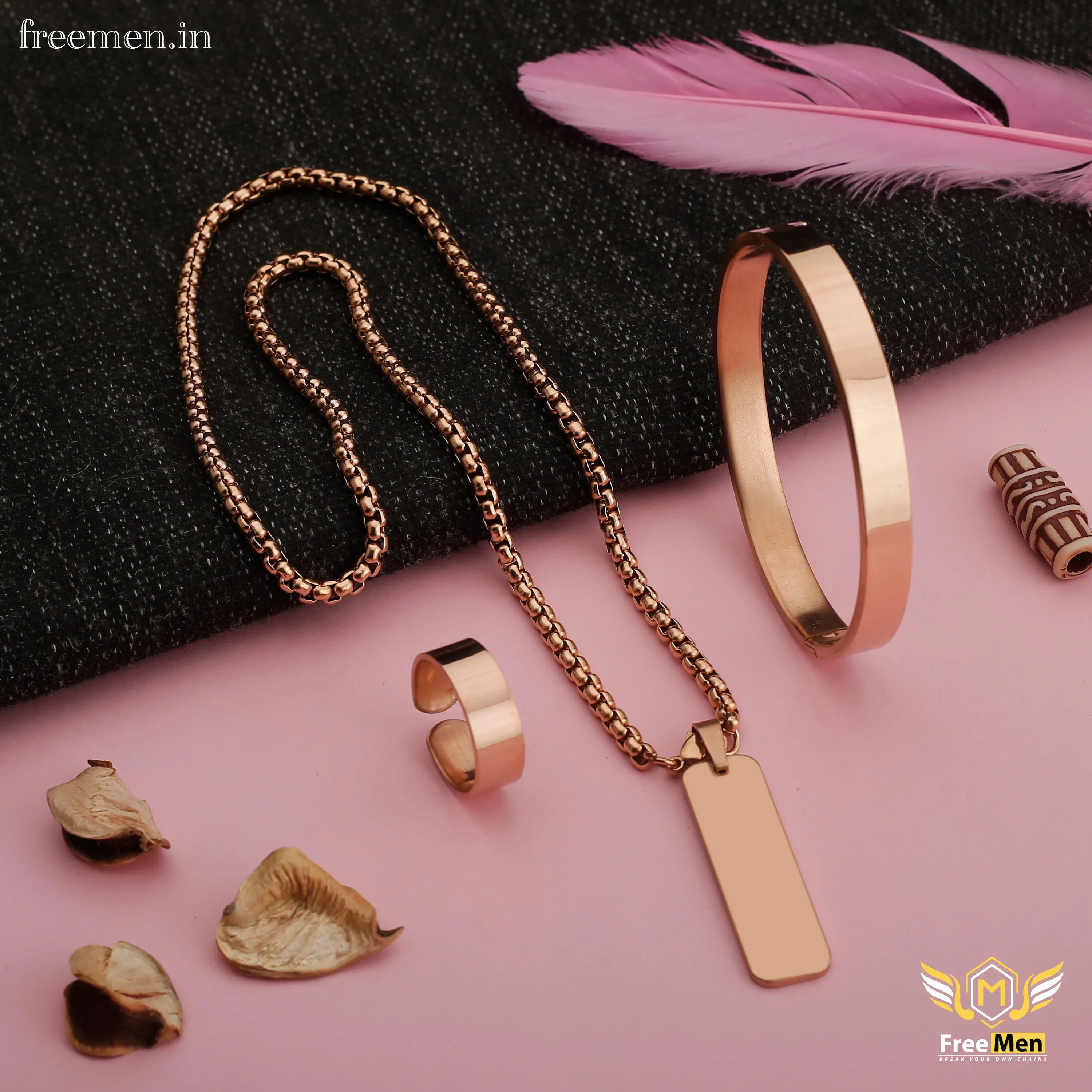 Freemen fancy rosegold chain kada ring for men FM060