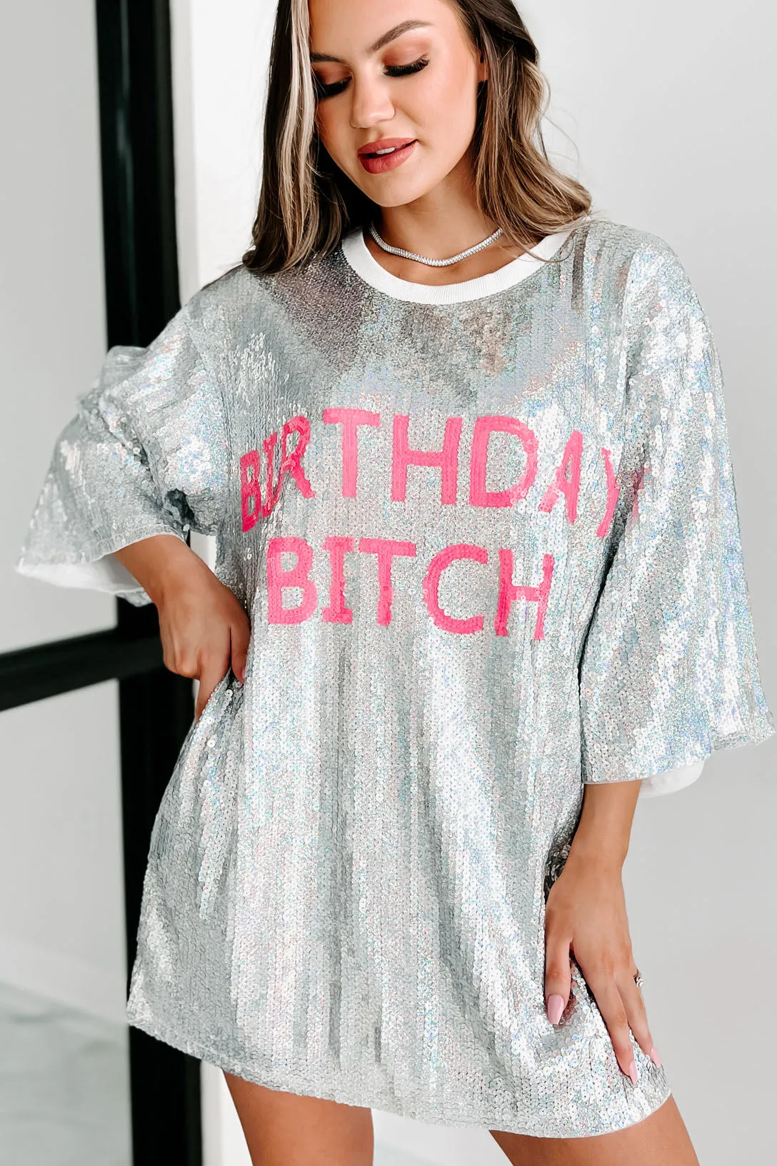 "Birthday Bitch" Sequin Mini Dress (Silver)